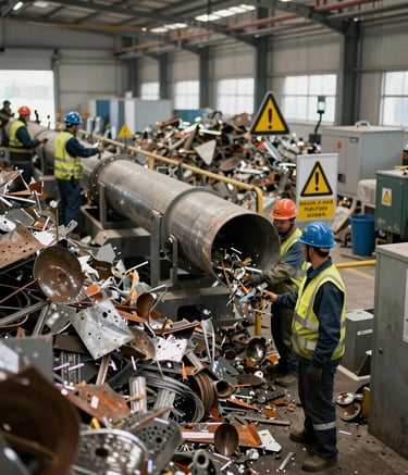 A busy recycling plant with workers sorting electronic waste under bright lights.