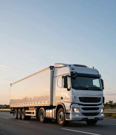 A high-end, clean photograph of a modern freight truck driving on a vast highway during the golden hour. The sky shows hints of steel blue and soft off-white. The truck is sleek, reflecting a professional and efficient image. Wide-angle shot focusing on the motion and reliability of transport.