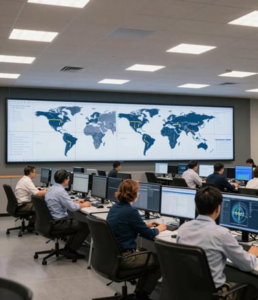 Interior shot of a large, well-lit logistics command center. Professionals in business-casual attire monitor screens showing global transit routes. The lighting is crisp, and the color palette features deep navy and soft off-white tones, emphasizing competence and technology.
