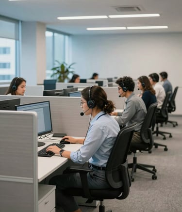 Um ambiente de call center moderno e amplo em uma metrópole brasileira, com mesas organizadas, cadeiras ergonômicas e divisórias de vidro. A iluminação é natural e suave, transmitindo uma atmosfera de eficiência e profissionalismo. As cores do escritório incluem tons de azul oceano e cinza pálido.