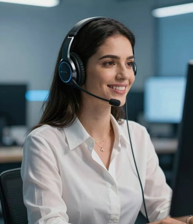 Uma profissional brasileira sorridente usando um headset moderno em um escritório de design limpo. Ela está focada e transmite confiança. O fundo é levemente desfocado com tons de azul claro e branco, enfatizando um atendimento humanizado e profissional.