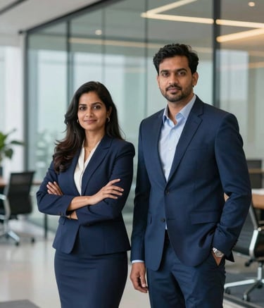 A portrait of two professional executives, a man and a woman, standing confidently in a modern glass-walled office in Mumbai. They are wearing sharp, deep navy blue corporate attire. The background is slightly blurred, showing a high-end corporate environment with steel blue and muted gold accents.