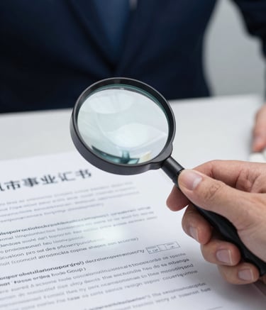 A close-up, high-detail photograph of a professional investigator's hand using a magnifying glass to examine the security features on a corporate document. The lighting is clean and sterile, reflecting a laboratory setting. The color palette includes deep navy blue and steel blue tones in the shadows, with bright white paper.
