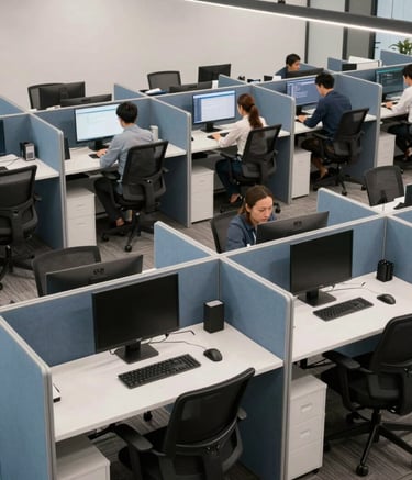 A modern, open-concept North American workspace with ergonomic stations and slate blue dividers. The lighting is bright and efficient, creating a sense of professional energy and modern workflow management. A high-angle shot showcasing structured efficiency.