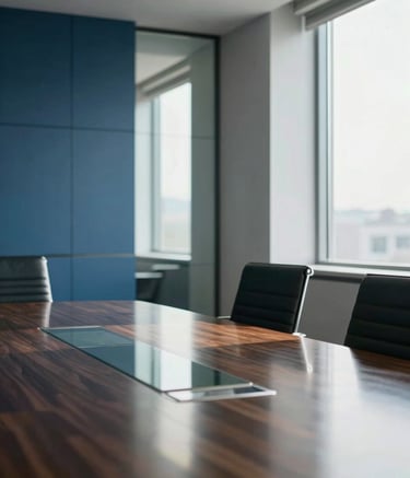 A focused, professional view of a modern North American corporate board room with a large glass table. Soft morning sunlight streams through large windows, reflecting off the dark blue and slate blue architectural accents. The composition is clean and architectural, highlighting professional reliability.