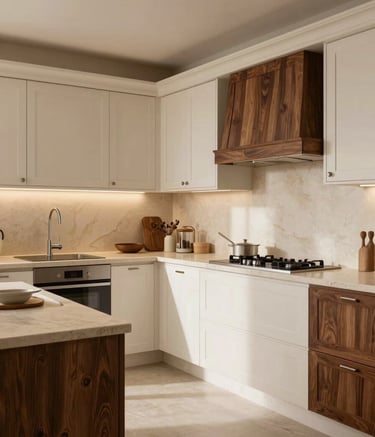 A wide-angle professional photograph of a stunningly renovated European kitchen. The space features off-white cabinetry, deep brown wooden accents, and natural beige stone countertops. The lighting is warm and inviting, highlighting a clean, modern design with high-end finishes and an open-plan layout.