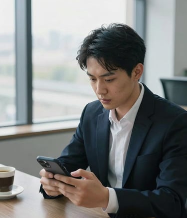 A high-angle photograph of a young professional in a sleek, modern North American office, focusing on a smartphone screen during a quick coffee break. The environment features bright window light and steel blue architectural accents.