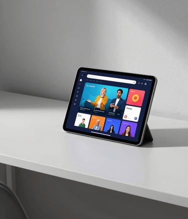 A horizontal wide shot of a minimalist workstation in a North American home office. A high-end tablet displays a vibrant, modern educational interface. The lighting is clean and professional with soft shadows.