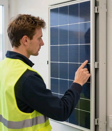 Professional photography of a technical expert in a Northern European / Baltic setting, wearing a safety vest and inspecting a high-tech solar energy inverter. The scene is bright and clean, featuring soft off-white and dark slate blue tones reflecting a professional, innovative atmosphere.
