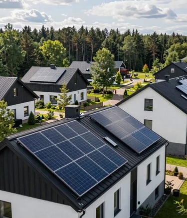 A wide photography shot of a modern residential house in a Northern European / Baltic suburb with sleek solar panels installed on the roof. Bright, natural daylight, reflecting a sustainable and innovative lifestyle with deep forest green surroundings.