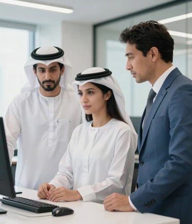 A medium shot of business professionals collaborating in a contemporary office setting in the UAE. The scene is bright and airy, using a palette of white and slate blue to communicate a professional atmosphere.