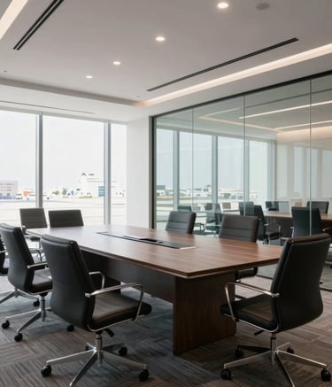 A wide shot of a bright, modern corporate boardroom in Ras Al Khaimah, featuring glass walls and high-end furniture. The lighting is crisp and professional, reflecting a clean Middle Eastern / Gulf business environment.
