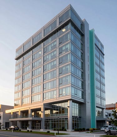 A wide photography shot of a modern North American medical building at sunrise. The architecture features glass and steel with soft teal accents, conveying a sense of innovation, professionalism, and dedicated healthcare excellence.