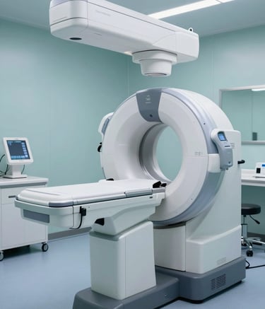 A high-tech North American diagnostic room featuring advanced medical imaging equipment with a sleek design. The lighting is clean and professional, with a color palette of light blue-grey and soft teal accents in a modern medical setting.