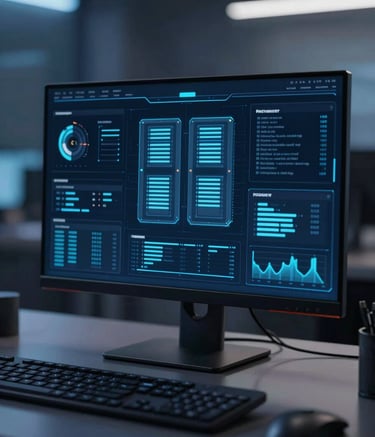 A sleek, high-tech digital dashboard displayed on a modern monitor, featuring glowing data visualizations and server metrics. The environment is a dark, professional workspace with ambient lighting in #3C306D and #725DF0 tones, emphasizing technical authority.