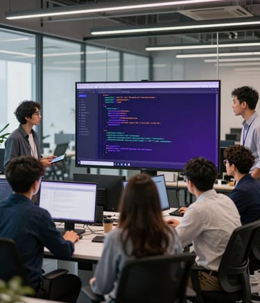 A collaborative team of software engineers working in a modern glass-walled office. They are gathered around a large screen showing clean code architecture. The lighting is crisp and modern, featuring the brand's sophisticated purple and dark blue color palette.