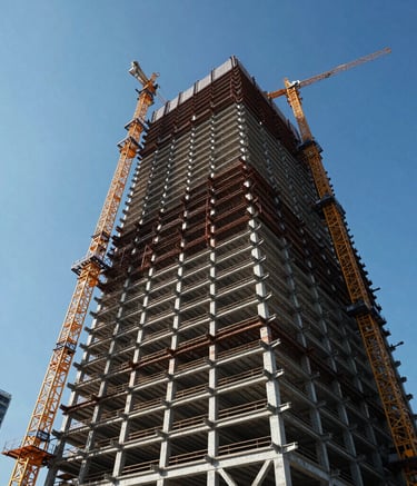 Wide angle photography of a modern high-rise skyscraper under construction in a North American city. Steel girders and cranes are visible against a bright blue sky. Professional, high-contrast, representing engineering strength.