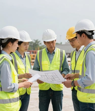 A group of professional engineers and project managers in high-visibility vests discussing architectural plans at a North American job site. Clean, professional lighting with white and pale blue tones.