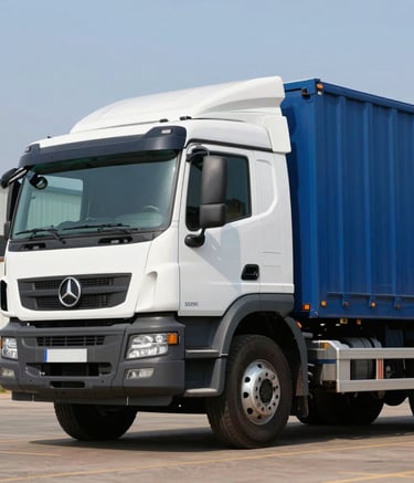 A professional low-angle photograph of a heavy-duty logistics truck with a clean white and deep blue finish, parked at an industrial site in Southern Africa. Sharp focus, bright daylight, corporate feel.