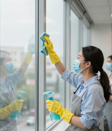 A cleaner in uniform wiping down an office desk with a bright window in the background.