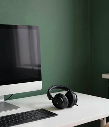 A sophisticated and minimalist home office corner. A dark green wall serves as a backdrop to a white desk holding a large monitor and professional headphones. The scene is calm and bright with natural light. Global / English-speaking setting.