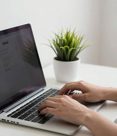 A close-up photograph of a person's hands typing on a sleek, high-end laptop. Beside the laptop is a small, modern desk plant in a white ceramic pot. The lighting is soft and professional, highlighting a clean, minimalist workspace in a Global / English-speaking office setting.