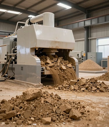 Interior of a clay material production facility showing modern machinery and raw materials in shades of tan and brown, clean and professional North American industrial environment.