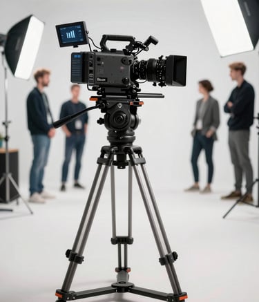 A professional television production studio in the UK. A cinema-grade camera on a tripod is positioned in front of a clean, sophisticated set. Technicians in smart-casual attire are seen in the background with soft-box lighting. The scene is bright, professional, and reflects technical excellence.