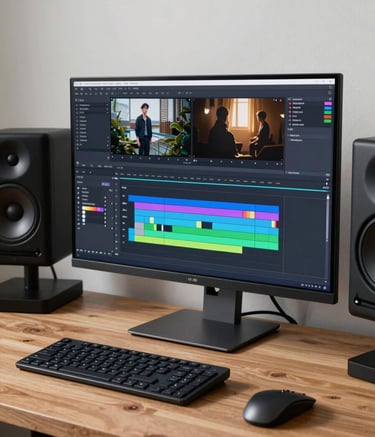 A sophisticated video editing suite in a modern Northern European office. A large high-resolution monitor displays a cinematic timeline with professional color grading software. Soft ambient lighting in dark navy and off-white creates a focused atmosphere. High-end studio monitors and a sleek keyboard sit on a wooden desk.