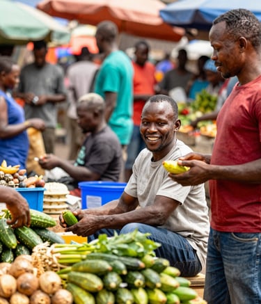 Busy market scene in Kinshasa with black people with fresh produce and smiling vendors.