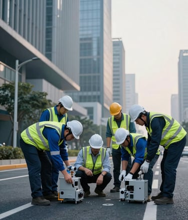 A group of engineers in International / Professional safety attire conducting a pavement analysis on a modern city road. They are using advanced technical equipment. The scene features Steel Blue and Soft Blue-Grey tones in the early morning light.