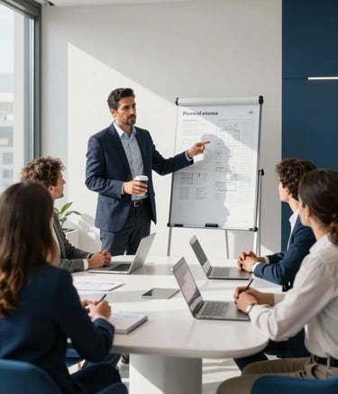 A professional and sophisticated meeting scene in a sunlit, modern Madrid office. A Hispanic consultant is presenting a property portfolio to a family. The atmosphere is trustworthy and clean, featuring minimalist furniture with white and deep blue accents.