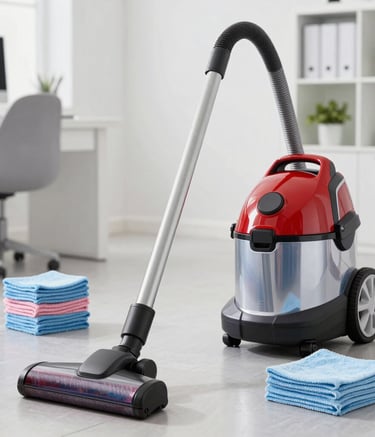 High-quality professional cleaning equipment including a modern vacuum cleaner and organized microfiber cloths in a bright office environment, Central European / German interior design, clean and organized.