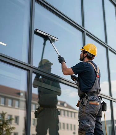 A professional window cleaner using a squeegee on a large glass window of a modern corporate building, clear blue sky reflection, Central European / German architecture, professional and safe work environment.