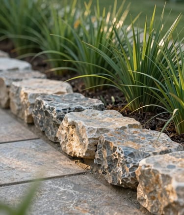 A close-up shot showcasing professional landscaping craftsmanship: a perfectly installed natural stone border next to architectural grasses. The lighting is soft afternoon sun, emphasizing textures. Colors reflect a palette of #5A7C6B green and #C1A78B stone, conveying elegance and precision.