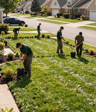 A wide shot of a professional landscaping crew working on a lush residential lawn in a North American suburban neighborhood. They wear dark green and olive green uniforms, focused on yard maintenance. Bright morning sunlight highlights the clean landscaping.