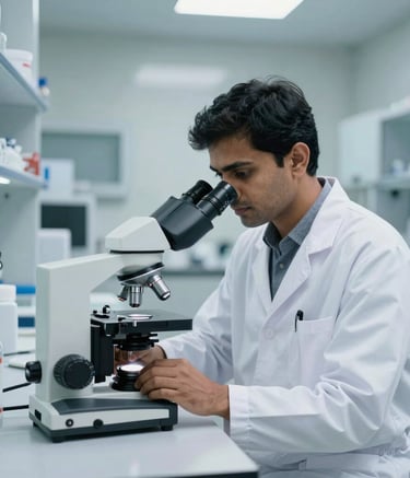 A professional South Asian scientist in a white lab coat using a microscope in a sterile, state-of-the-art pharmaceutical R&D laboratory. The setting is clean, modern, and utilizes soft steel blue and white tones.