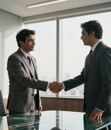 A medium shot of two professional South Asian business partners in a modern, sunlit Mumbai office, shaking hands across a glass conference table. They are dressed in formal business attire, reflecting a tone of trust and corporate collaboration.