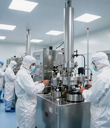 A wide-angle, clean-room perspective of a high-tech pharmaceutical manufacturing plant in India. South Asian technicians in protective gear operate stainless steel production machinery under bright, professional white and steel blue lighting.