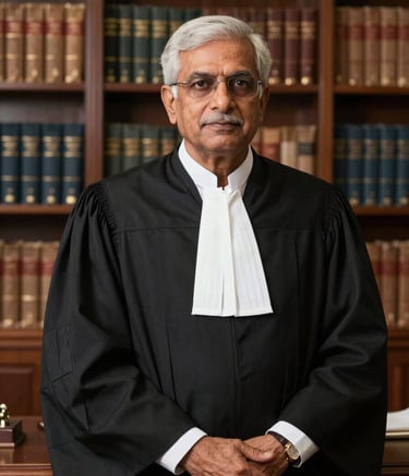 A dignified senior advocate in a black robe and white neckband, standing confidently in front of a majestic legal library with leather-bound books in an Indian High Court office environment. Professional studio lighting.