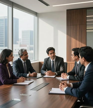 A group of professional legal advisors in a collaborative discussion in a modern, premium boardroom setting in a South Asian city. Soft morning sunlight filtering through large windows, minimalist office interior with white walls and dark wood accents.