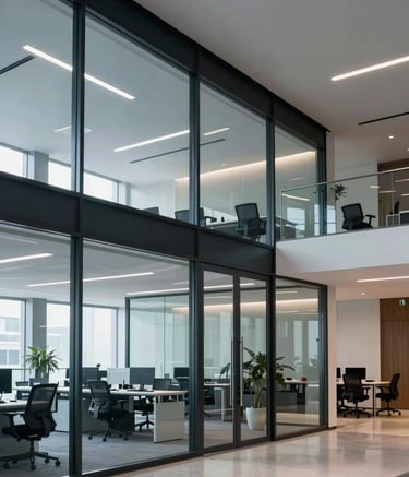 Photography of a modern South American corporate office interior with glass walls and professional atmosphere, showcasing a clean, innovative engineering environment in dark blue and light grey tones.