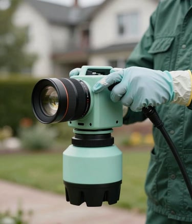 A close-up of professional pest control equipment and a certified technician's hand wearing a protective glove, modern and efficient aesthetic, soft focus on a residential background in Hamburg, forest green and light mint tones, high-end photography.
