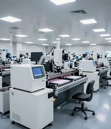 A wide-angle professional photograph of a premium, modern electronics manufacturing floor in a South Asian / Indian facility. The scene shows multiple semi-automatic SMT lines with 6-zone reflow machines, bright industrial lighting, and a clean white and silver aesthetic.