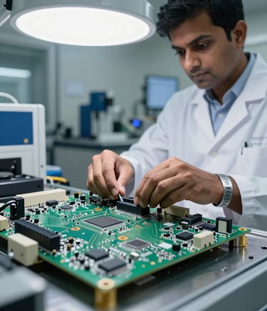 A detailed close-up shot of a sophisticated PCB circuit board being inspected under bright, clinical white lighting. In the background, a South Asian / Indian technician wearing professional lab attire and a silver ESD wristband works in a clean, high-tech industrial manufacturing facility with dark blue and silver equipment.