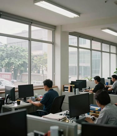 Photography of a wide, bright office interior in Indonesia where employees are working comfortably behind windows treated with professional solar film, reducing glare and heat.