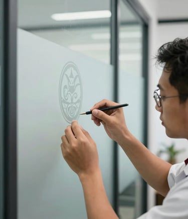 Close-up photography of a professional technician in a clean uniform applying a decorative frosted sticker to a glass partition in a modern Indonesian office. The lighting is bright and natural, highlighting the precision of the work.