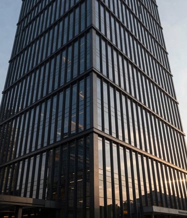 Photography of a sleek, modern commercial building in Bandung, Indonesia, with dark tinted glass windows reflecting the soft afternoon sun. The composition is a low-angle shot emphasizing professionalism and scale.