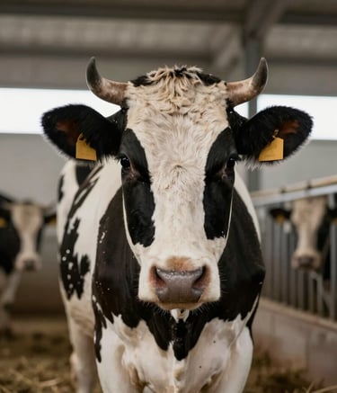 A close-up shot of a high-quality Girolando dairy cow in a clean, modern barn. The lighting is soft and professional, highlighting the healthy coat and strong features. The background features muted tones of #A79B8F and #2F2E2A, conveying a sense of premium cattle breeding and expert care.