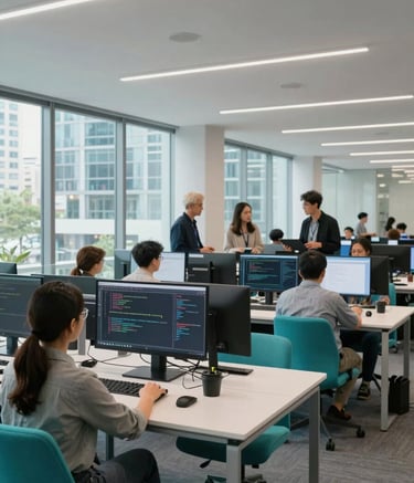 A wide-angle shot of a collaborative tech team in a bright, airy studio with glass walls, located in a cosmopolitan International / Global business district. They are reviewing high-performance code on large monitors. The scene features Bright Teal accents in the furniture and professional Pale Grey lighting.